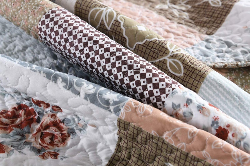 Travan 3-Piece King Quilt Set Quilted Bedspread Lightweight Reversible Coverlet Set Floral Printed Quilted Bedding Set with Shams for All Season, Brown Floral, King Size - Image 4